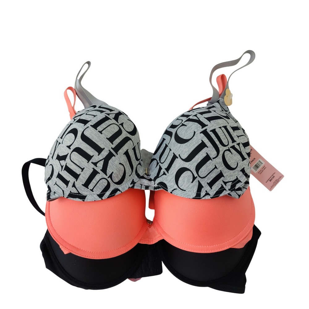 Juicy Couture 3 Pack T-Shirt Bras 36D Black Coral Grey Logo JC7807 NWT